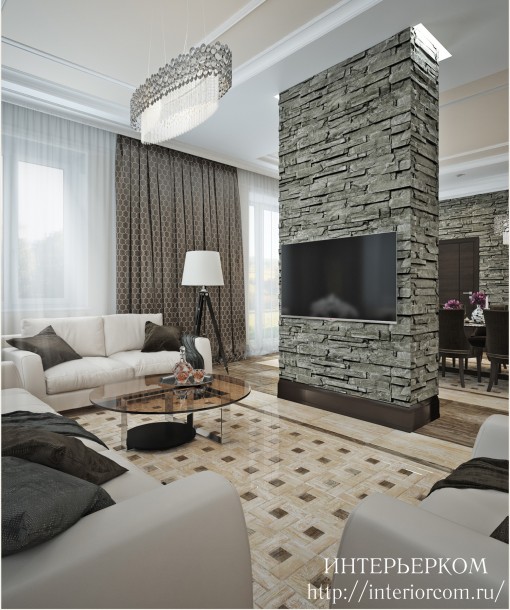 ТВ 55` в гостиной расположен на колонне в декоративном камне