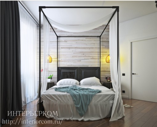 За изголовьем кровати обои подчёркивающие стилистику квартиры